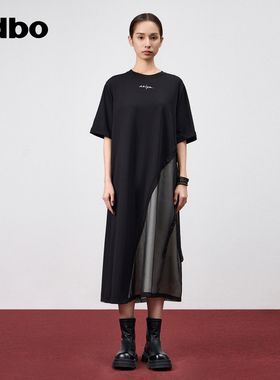 odbo/欧迪比欧慵懒风印花黑色连衣裙女夏季2024新款网纱拼接裙子