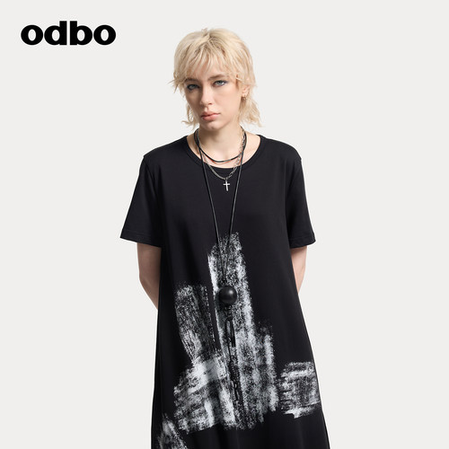 odbo/欧迪比欧连衣裙女士夏季印花宽松裙子圆领百搭小众新款T恤裙