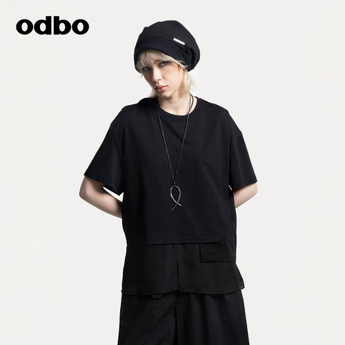 odbo/欧迪比欧t恤女士新款不规则设计感时尚个性宽松薄纱拼接短袖