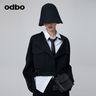 气质上衣 odbo 欧迪比欧原创设计系带收腰羊绒毛呢外套秋冬女个性