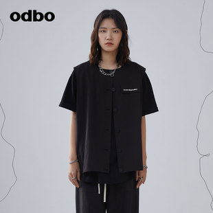 新款 odbo 欧迪比欧原创设计时尚 黑色背心女夏季 复古港风休闲马甲