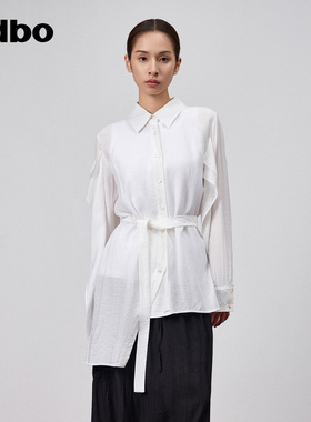 odbo/欧迪比欧时尚气质荷叶边拼接长袖白色衬衫女夏季不规则衬衣