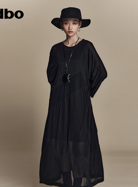 odbo/欧迪比欧原创设计休闲黑色连衣裙女夏季新款两件套裙子
