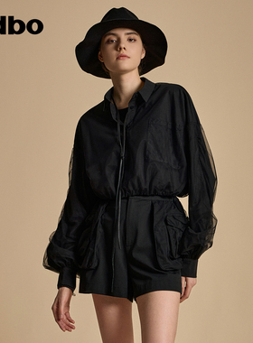 odbo/欧迪比欧原创设计网纱灯笼袖衬衫女秋季2023年新款短款上衣