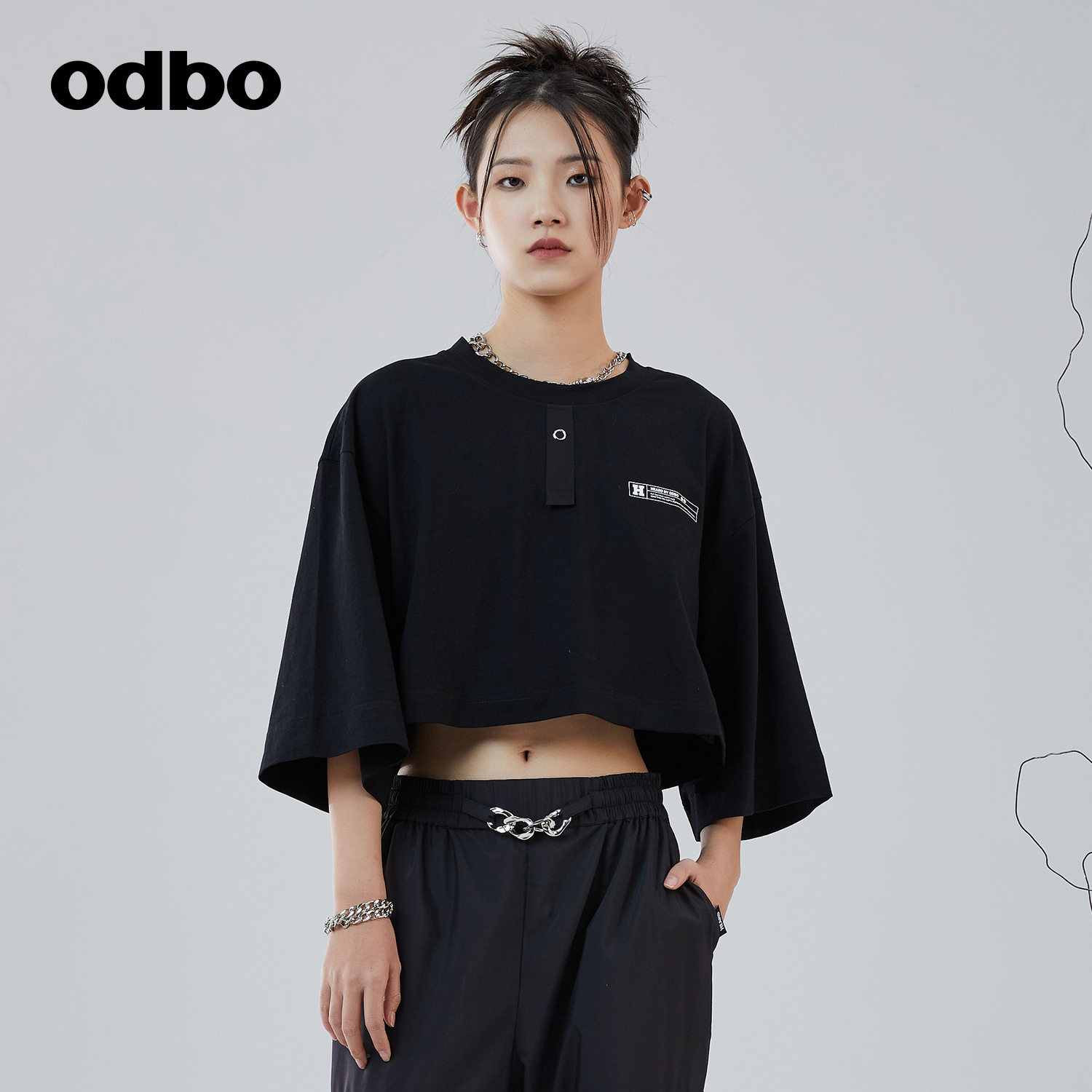 odbo/欧迪比欧短款齐腰t恤上衣女夏季露脐装2024新款甜酷风九分袖