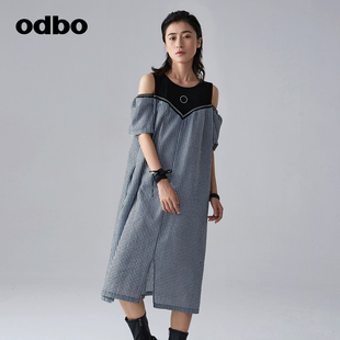 欧迪比欧原创设计露肩拼接短袖 odbo 格子连衣裙女早夏高级感裙子