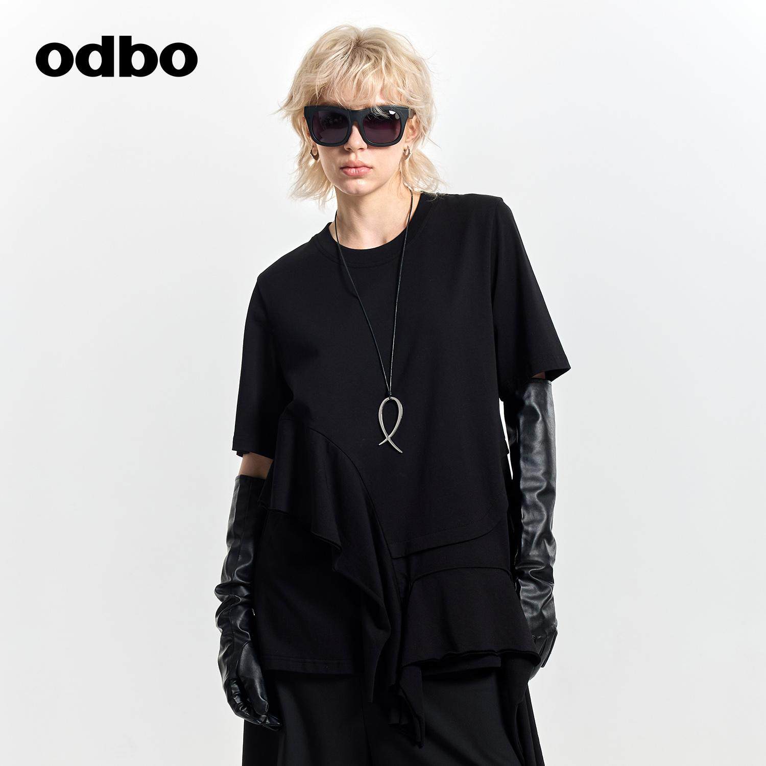 odbo/欧迪比欧个性设计2025春夏新款女士圆领短袖T恤休闲针织上衣