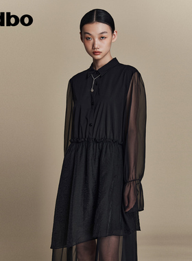 odbo/欧迪比欧原创设计感假两件拼接黑色连衣裙女夏季新款
