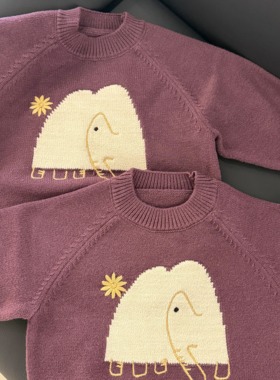 QIAO YI 卡通小象提花秋冬儿童毛衣女圆领针织衫紫色百搭上衣实体