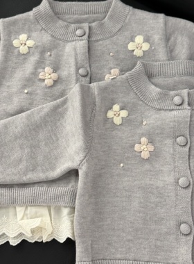 实体店 儿童甜美花朵针织开衫女灰色圆领毛衣外套百搭上衣裙摆