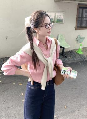 IKOON2024秋冬新品内搭四季款经典纯色高质量法国麻料衬衫衬衣女