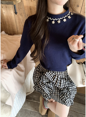 IKOON2024秋冬新品手工精致贝壳钉珠半高领气质纯棉打底衫针织衫