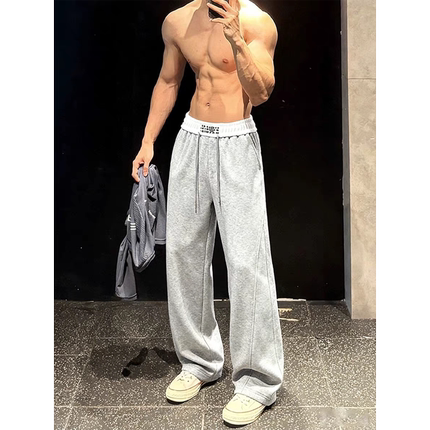 灰色美式健身裤子男款春季高级感垂感直筒训练运动裤休闲弯刀卫裤
