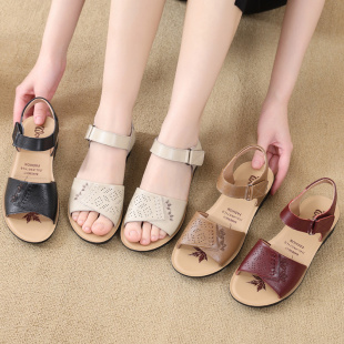 621100 真皮软底妈妈凉鞋 夏季 平底防滑老人沙滩鞋 中老年大码