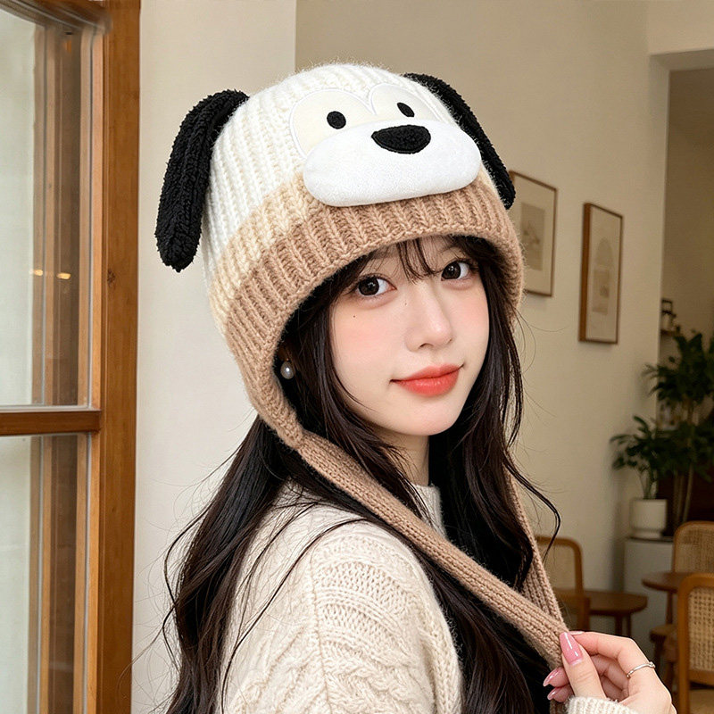 秋冬季户外保暖护耳帽子女卡通可爱小狗套头针织帽甜美时尚毛线帽