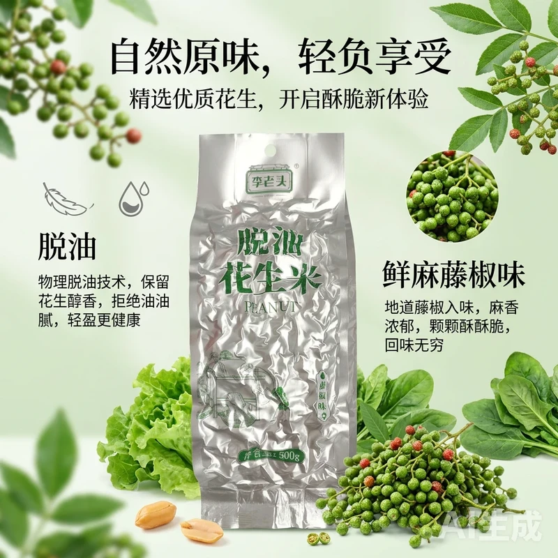 李老头脱油花生藤椒味花生米500g袋装无壳麻辣下酒菜山东大花生