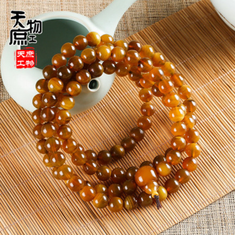 天然金丝牦牛角佛珠手串腕珠108颗手工打磨抛光正圆DIY饰品配件