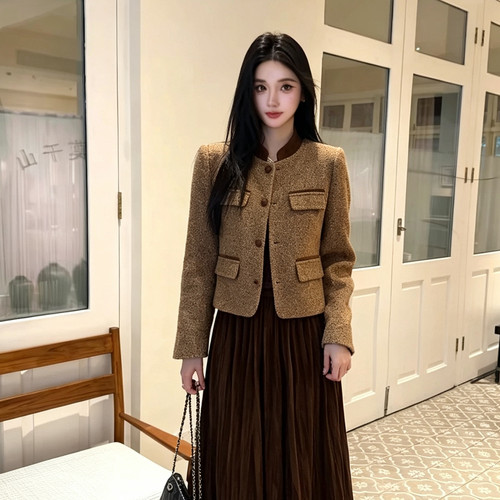 冬上新小香风名媛短外套+褶皱半身裙两件套套装