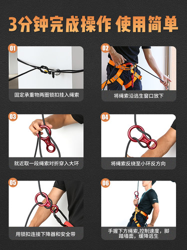 高楼火灾逃生装备家用缓降器 防火钢丝绳应急救援绳