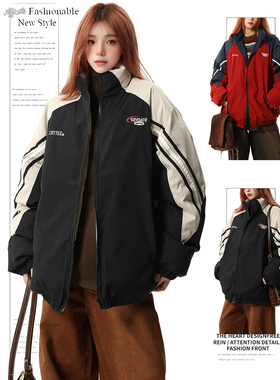 DUSK美式复古运动风立领棉服外套女冬季高街双面穿立领棉衣棉袄潮