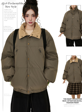 DUSK原创美式复古棉服女秋冬加厚面包服羽绒棉衣翻领棉袄情侣外套