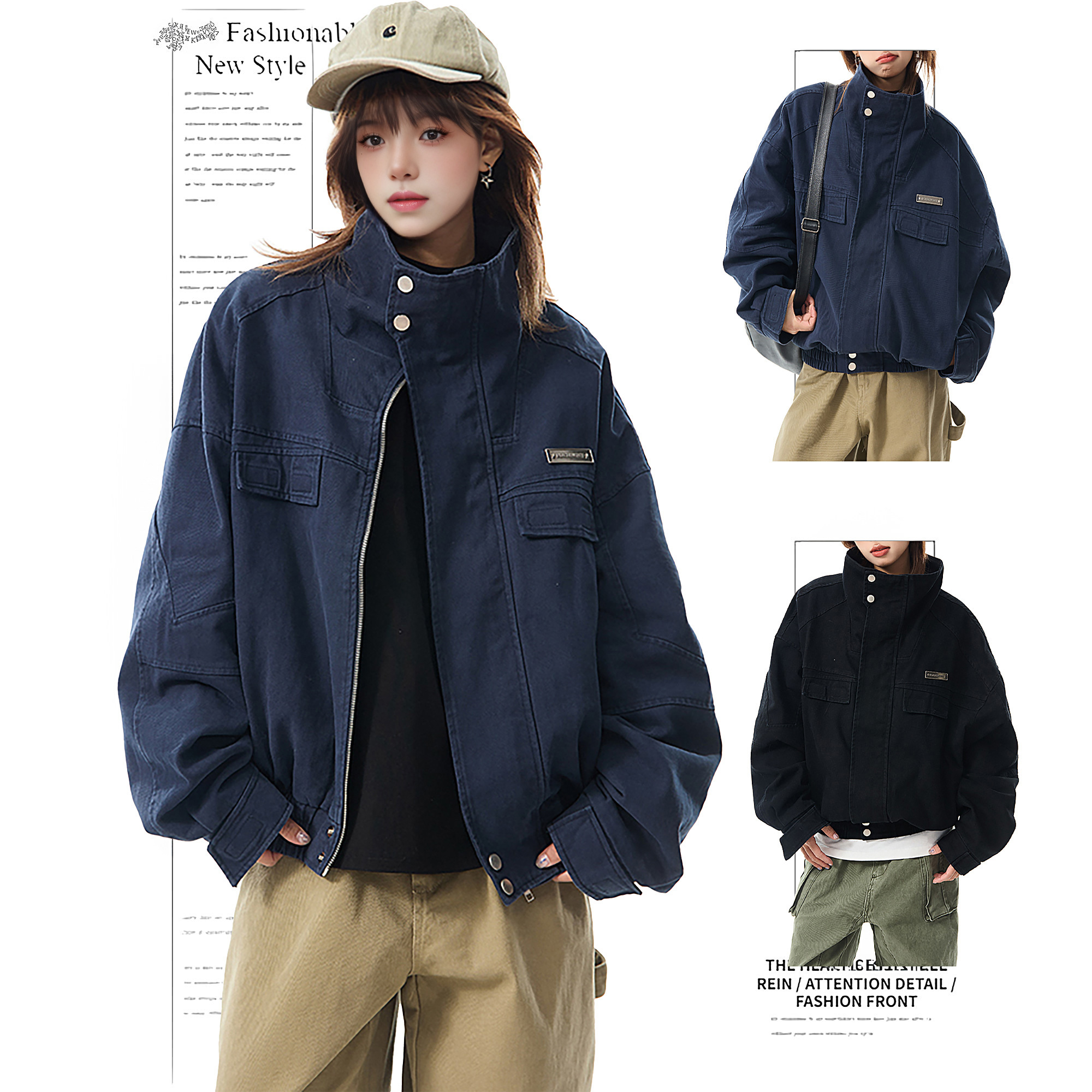 DUSK美式复古做旧立领工装外套女春秋季设计感宽松百搭飞行服夹克