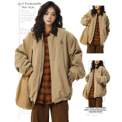 DUSK美拉德翻领工装夹克外套女春秋宽松慵懒风飞行棒球服夹克上衣