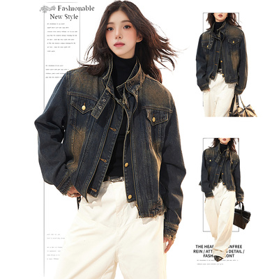 DUSK美式复古双领机车短款牛仔外套女春秋季潮牌街头情侣机能夹克