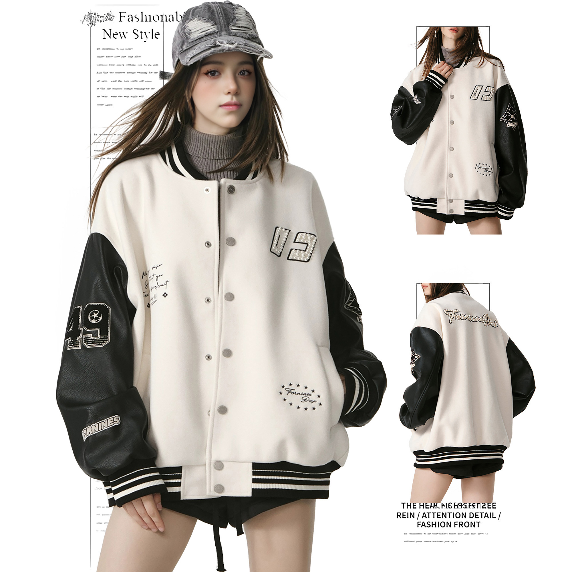 DUSK美式拼接撞色棒球服女春秋季新款复古夹克休闲刺绣钉珠外套潮