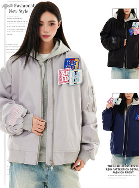 DUSK美式复古魔术贴刺绣飞行服外套女春秋季情侣潮牌宽松夹克上衣