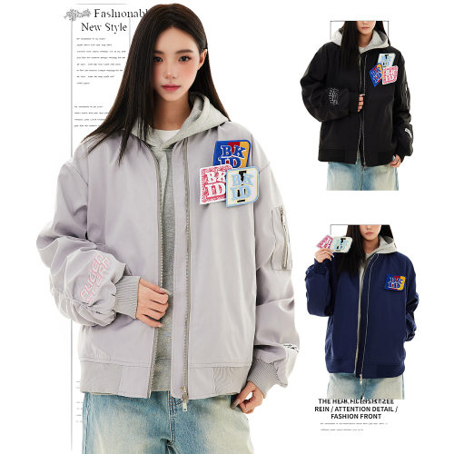DUSK美式复古魔术贴刺绣飞行服外套女春秋季情侣潮牌宽松夹克上衣