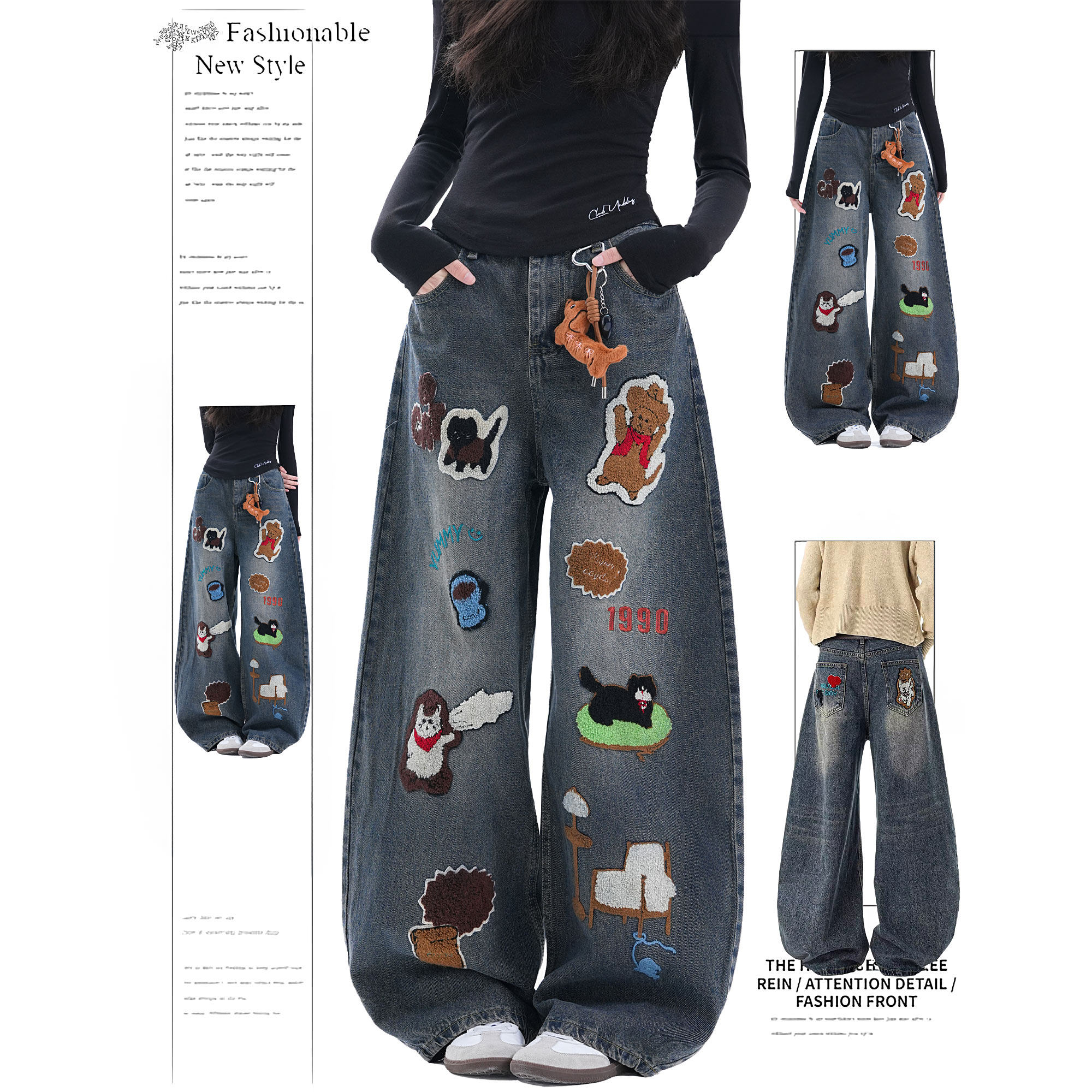 DUSK美式复古卡通毛巾刺绣水洗弯刀阔腿牛仔裤女春秋宽松直筒裤子,女装/女士精品,牛仔裤,淘宝优惠券,粉丝福利购,淘宝优惠卷