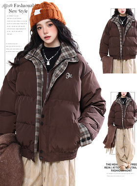 DUSK国潮牌撞色格子假两件棉服外套女冬季宽松加厚美式棉衣面包服