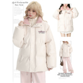 DUSK美式 字母刺绣棉服小众PU皮衣棉衣女宽松面包服秋冬季 外套棉袄