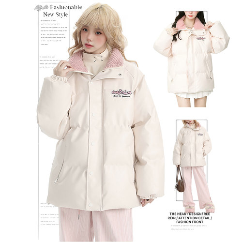 DUSK美式字母刺绣棉服小众PU皮衣棉衣女宽松面包服秋冬季外套棉袄