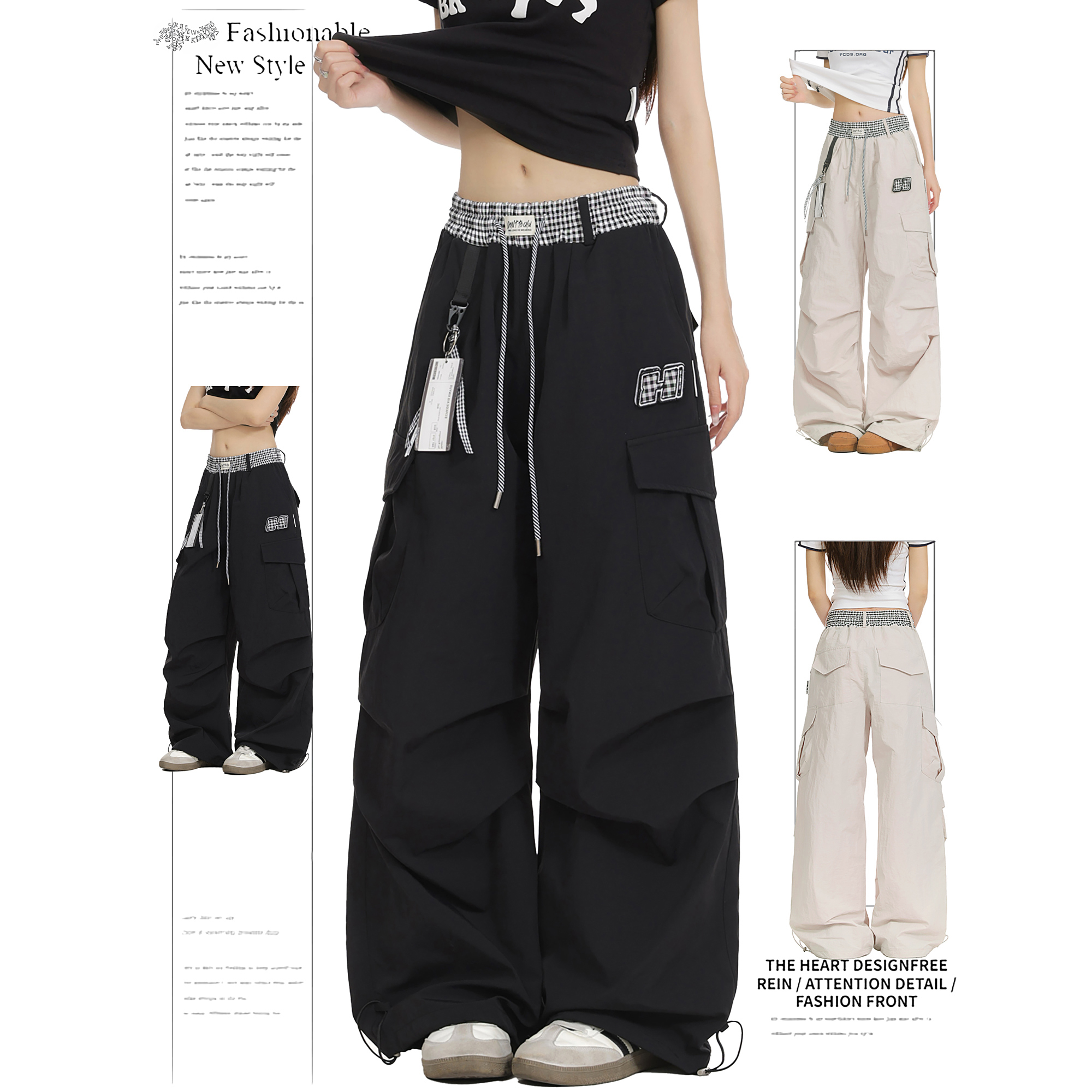 DUSK美式格子拼接伞兵裤女夏季复古运动薄款工装裤宽松直筒休闲裤