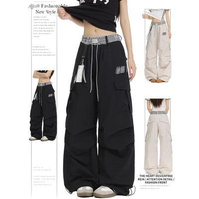 DUSK美式格子拼接伞兵裤女夏季复古运动薄款工装裤宽松直筒休闲裤