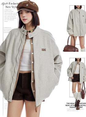 DUSK 美式慵懒chic毛呢外套女款春秋字母刺绣潮牌上衣立领夹克ins