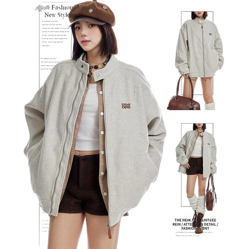 DUSK 美式慵懒chic毛呢外套女款春秋字母刺绣潮牌上衣立领夹克ins