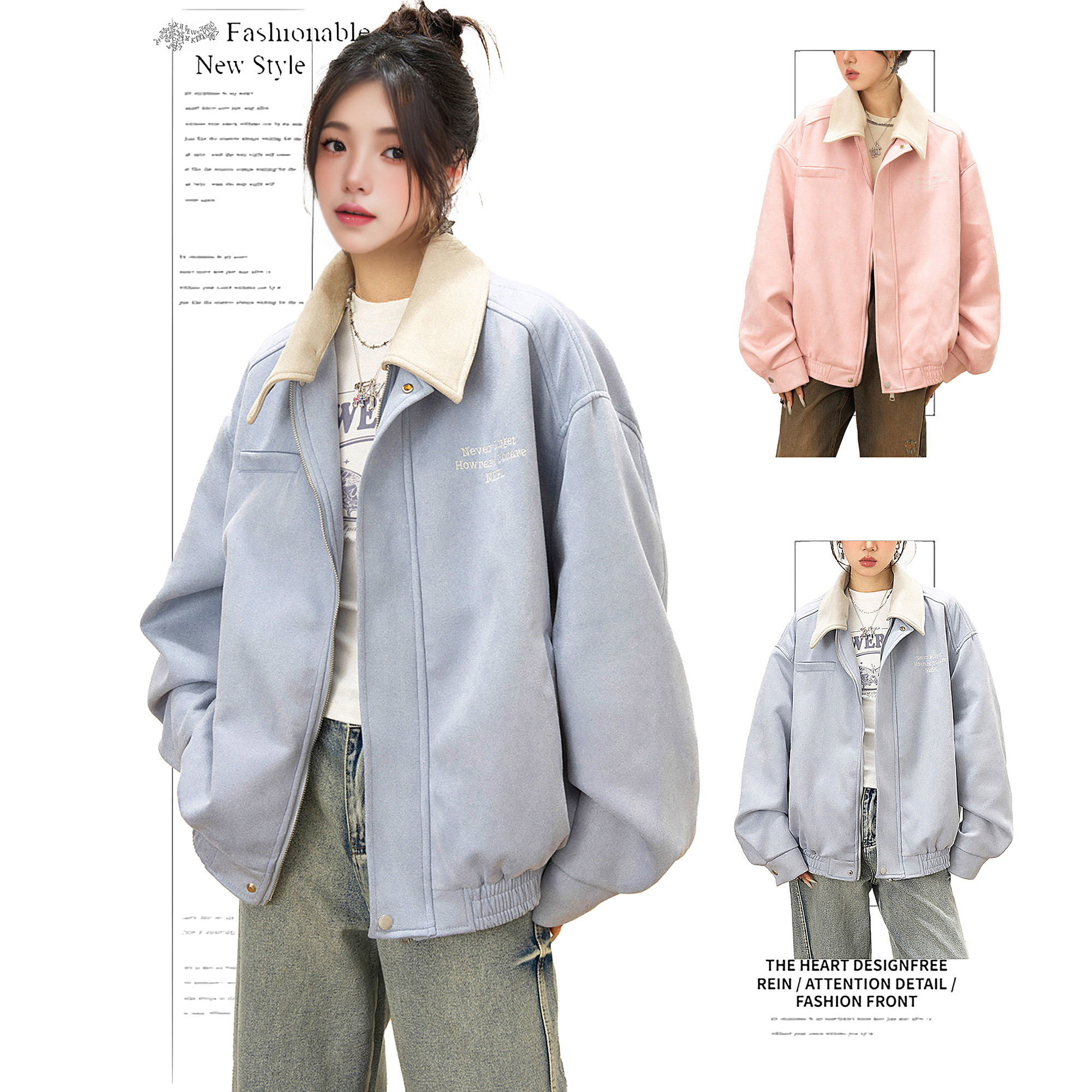 DUSK美式复古刺绣撞色麂皮绒棒球服外套女春秋宽松韩系穿搭夹克潮