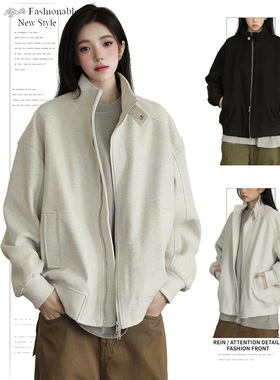 DUSK复古潮牌纯色立领拉链外套女秋冬棉服棉衣宽松情侣毛呢料夹克