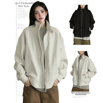 DUSK复古潮牌纯色立领拉链外套女秋冬棉服棉衣宽松情侣毛呢料夹克