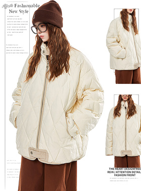 DUSK菱格棉服女秋冬季新款学生宽松可爱立领保暖棉衣拼色棉袄外套