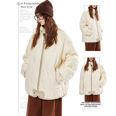 DUSK菱格棉服女秋冬季新款学生宽松可爱立领保暖棉衣拼色棉袄外套