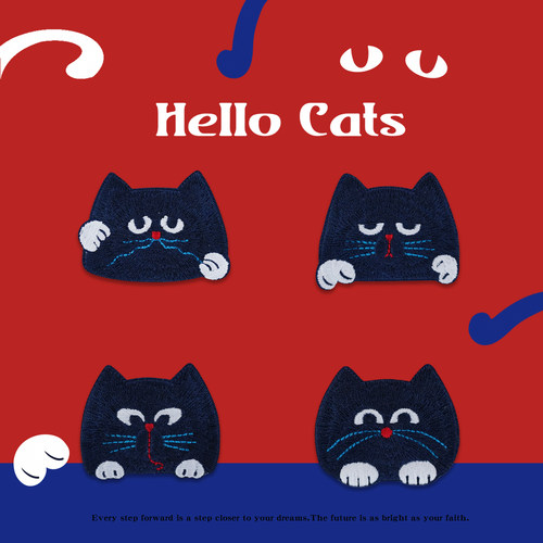 藏青可爱小猫刺绣布贴衣服补丁