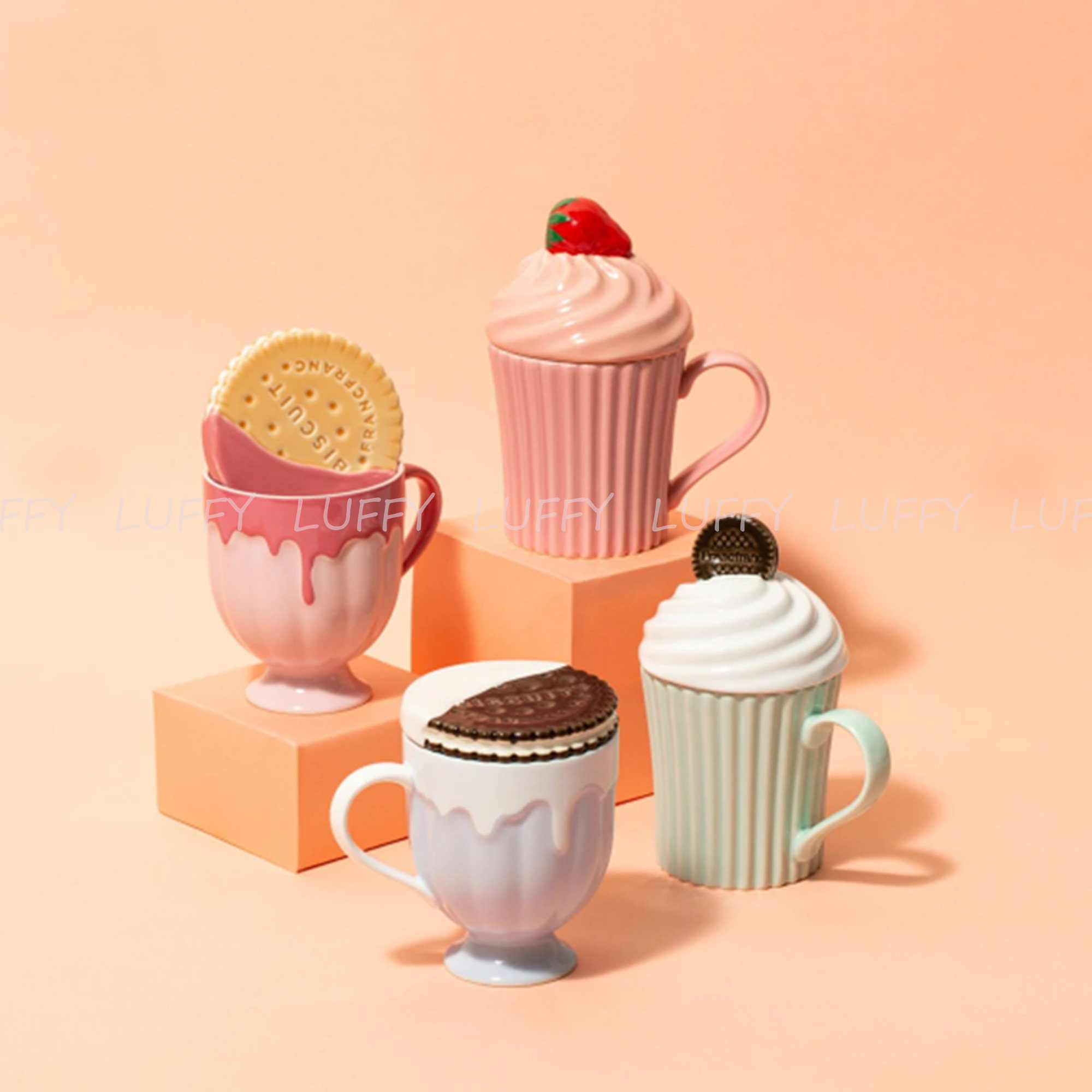 日本francfranc新品饼干奶油马克杯马卡龙色系随手杯带盖马克杯