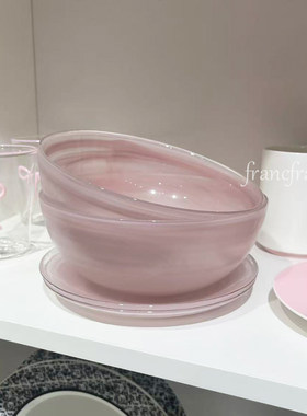 日本francfranc粉色玻璃水墨沙拉碗面碗点心盘首饰盘