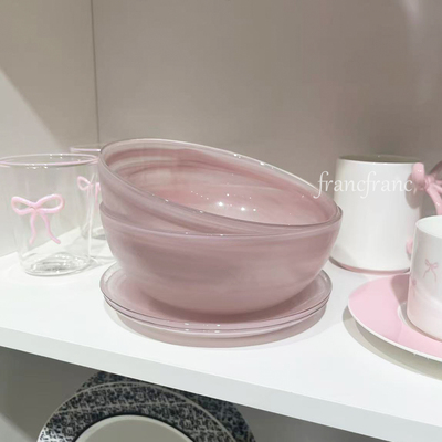 日本francfranc粉色玻璃水墨沙拉碗面碗点心盘首饰盘