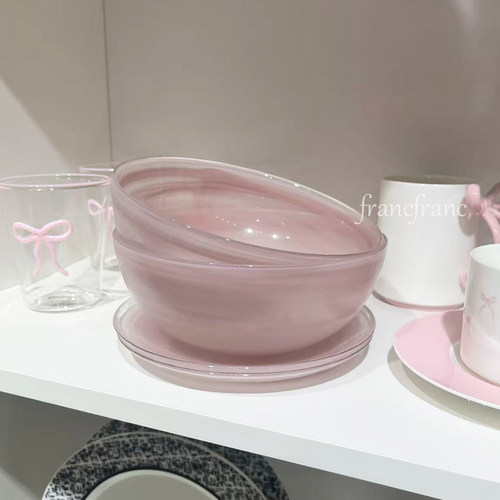 日本francfranc粉色玻璃水墨沙拉碗面碗点心盘首饰盘