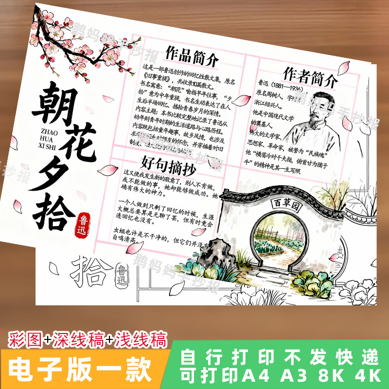6047-朝花夕拾手抄报初中阅读经典名著读书小报鲁迅作品电子线稿